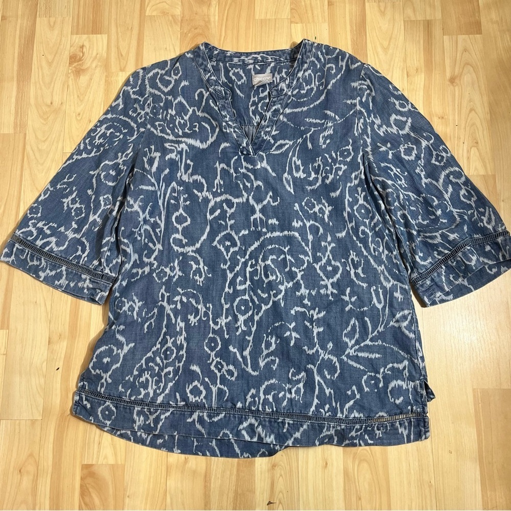 Chico's Womens Bell Sleeve Blue Paisley Ikat Denim Tunic Size 0 4/6